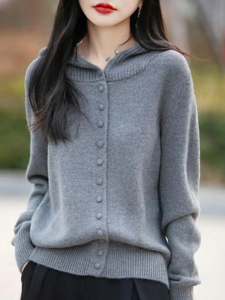 

Korean New Autumn Winter Solid Single Breasted Hooded Cardigan Short Sweaters Women's Long Sleeved Warm Knitted Tops Streetwear