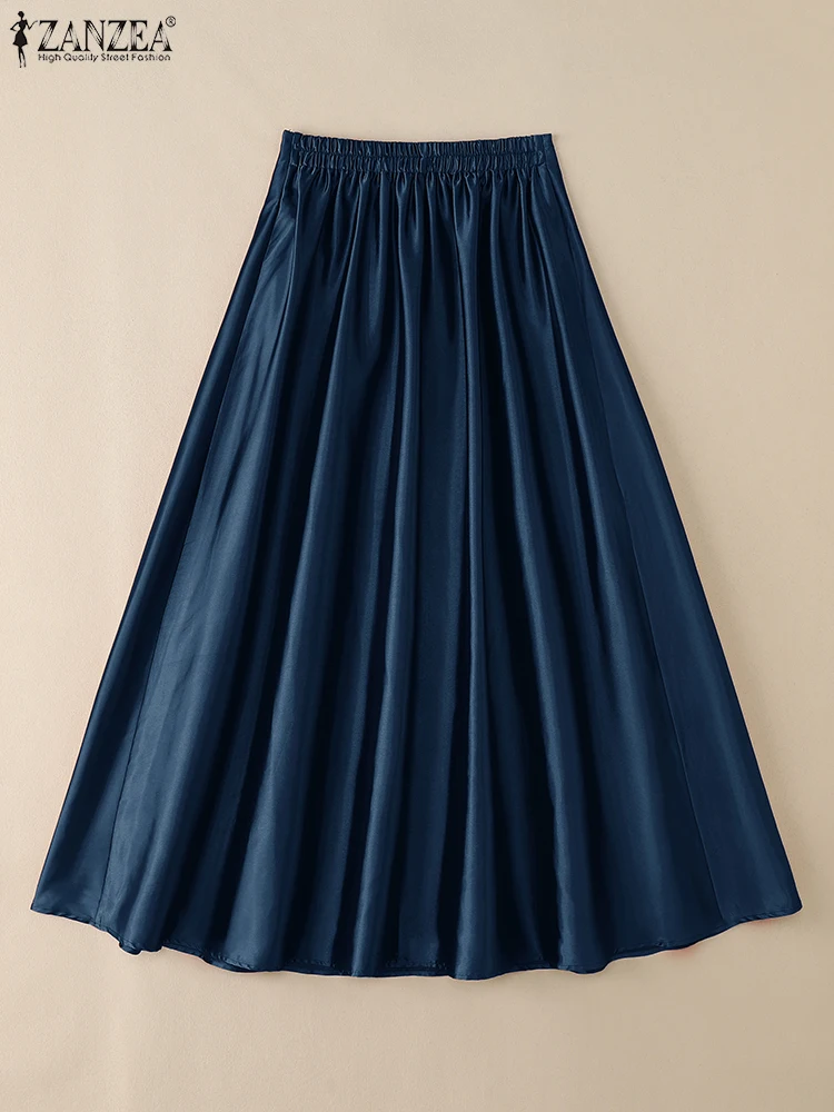 2025 ZANZEA Autumn High Waist Office Satin Skirts Women Jupes Solid Pleated Party Maxi Skirt Elegant A-line OL Work Faldas Saia