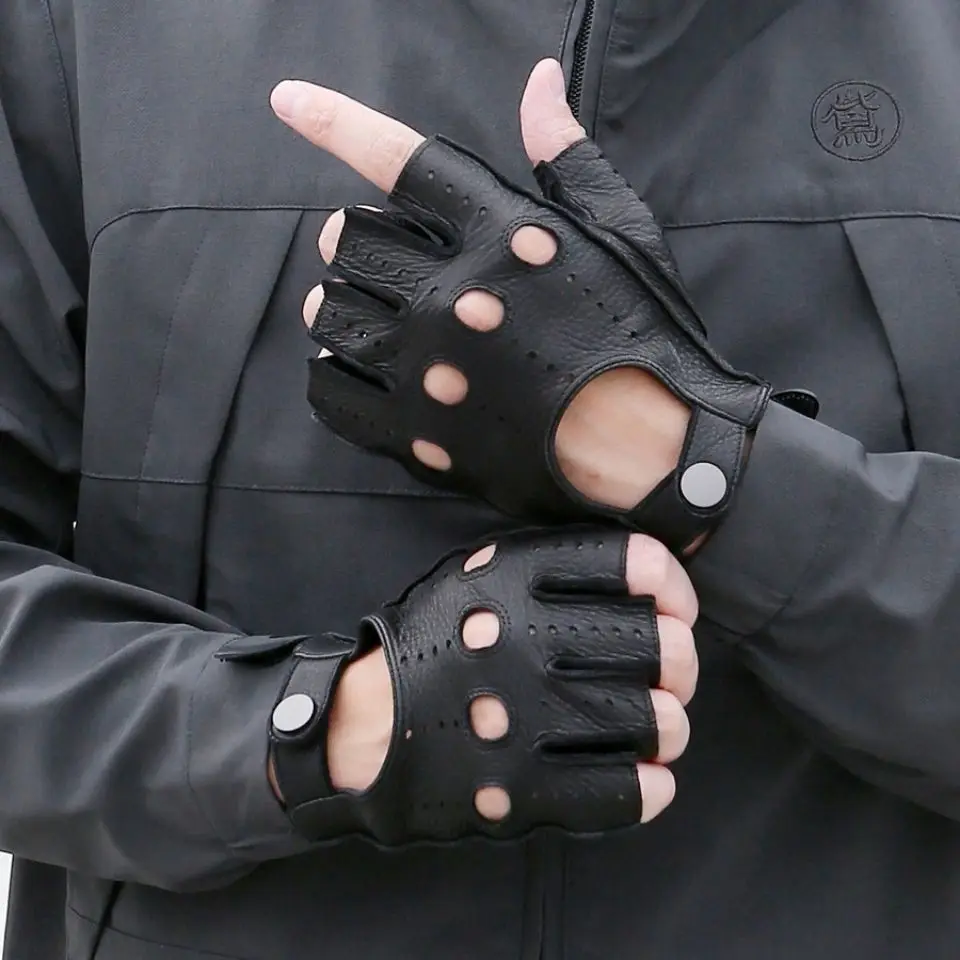 Sheepskin Half Finger Gloves Retro Cycling Motorcycle Driver Outdoor Training Gloves Sweat Absorbing Half Cut Wear Resistant