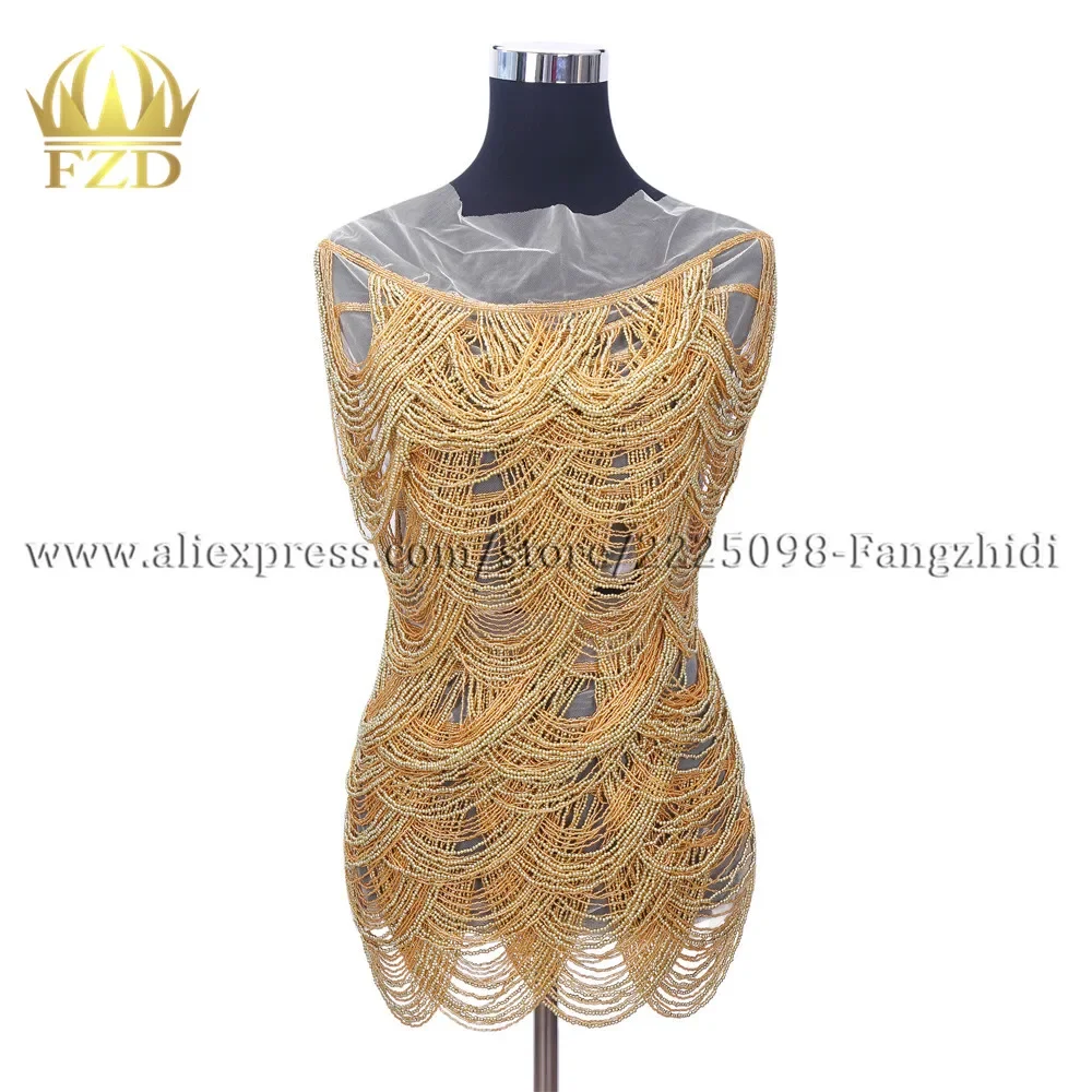 FZD 1  Piece Front Design Gold Beaded Tassel Bodice Patches Golden Beads Fringe for Wedding Dresses DIY Decorative Clothes