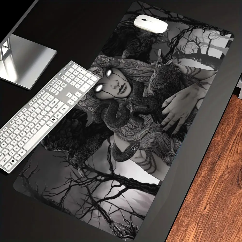 

HYBXAXC Gothic Biomechanical Portrait Desk Mat,Detailed Black White Line Art Mousepad,Home Office Gaming for Alternative Art