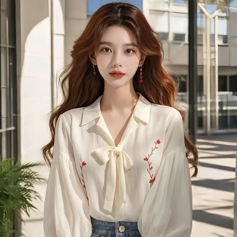 بلوزات شيفون نسائية قمصان كورية مطبوعة موضة فضفاضة للربيع/الصيف بفيونكة ملابس عتيقة بأكمام طويلة ملابس علوية للسيدات