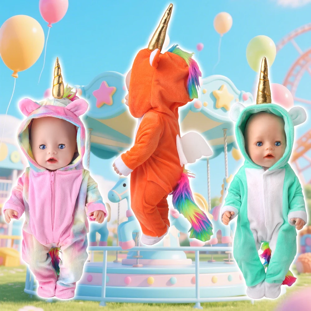 

43-45 cm Baby Doll Cute Unicorn Onesie Clothes Set For American Ours & Generation 18 Inch Girl Dolls Suit Gift