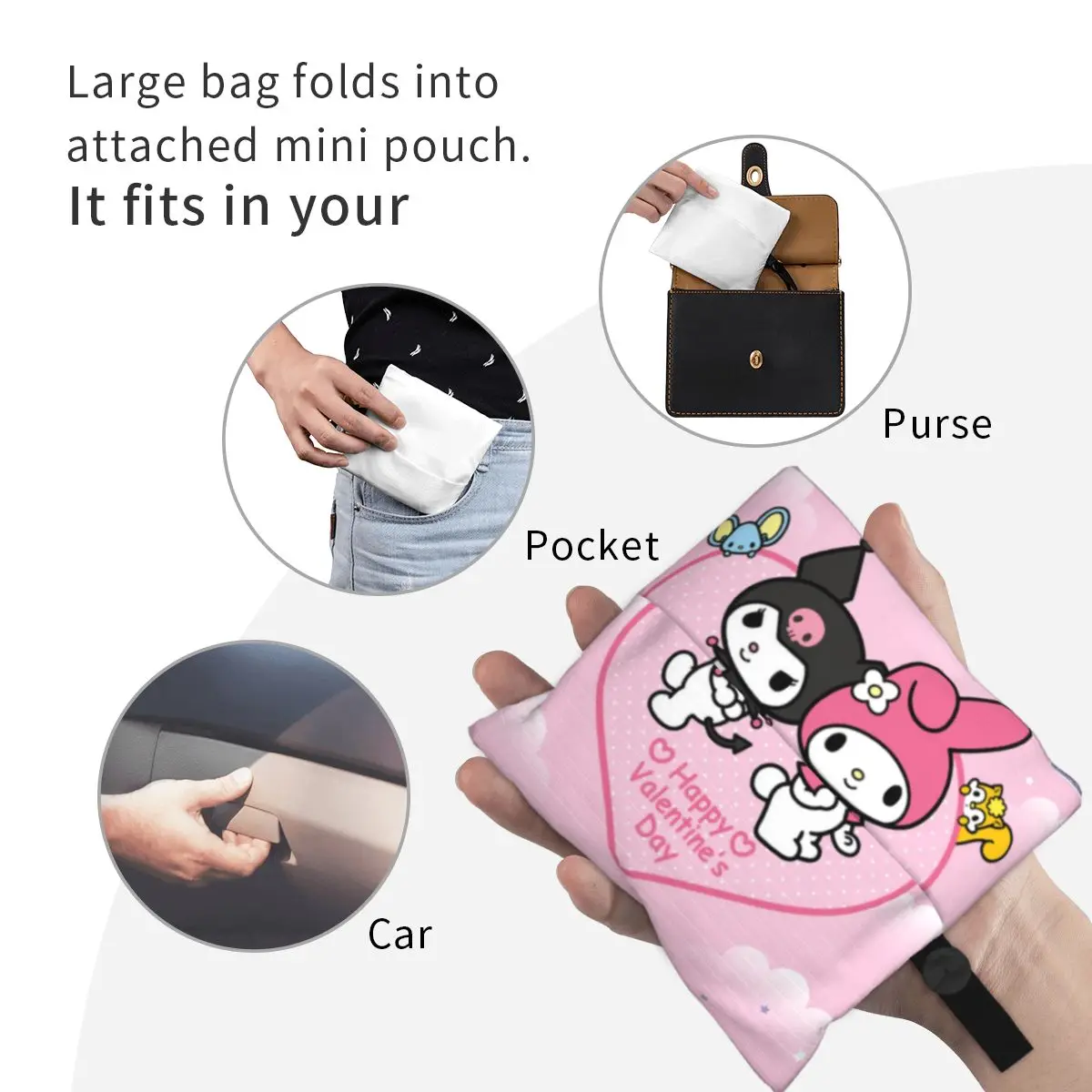 Bolsa de compras Kawaii Kuromi Sanrio Anime, bolsas ecológicas de comestibles plegables, bolsas de reciclaje de melodía de gran capacidad, bolso de mano lavable