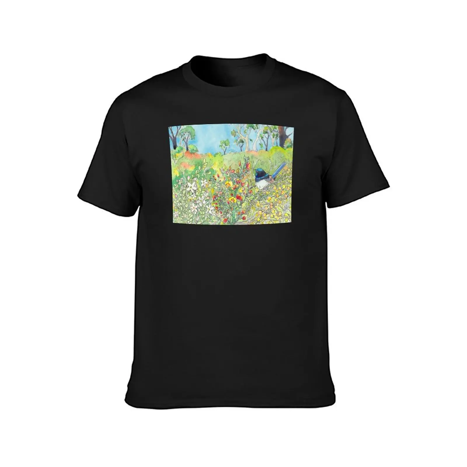 Landscape with flowers and superb fairy wren - ink and watercolour T-Shirt sublime plus size tops vintage T-shirt men