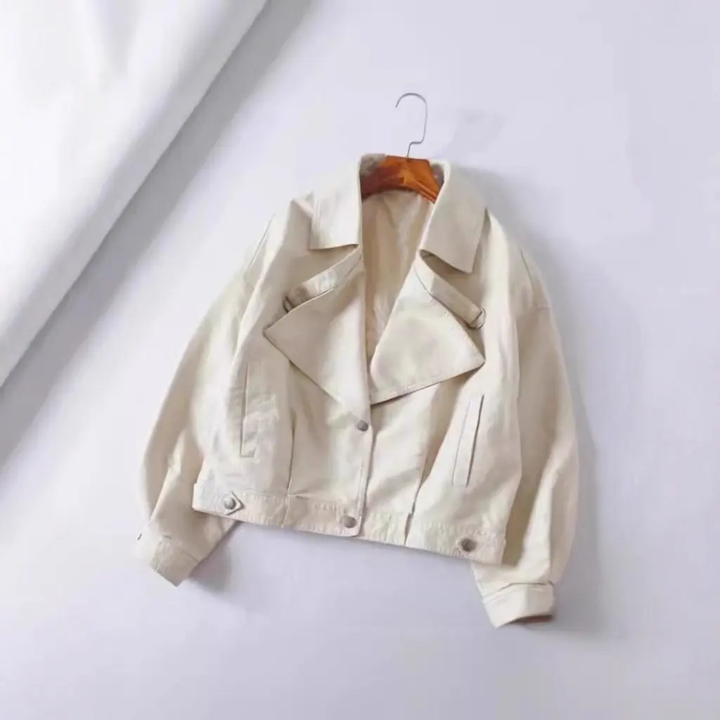

Women's Loose Leather Jacket Motorcycle Style Korean Version Retro Bf High-Waisted Short Coat for Spring And Autumn