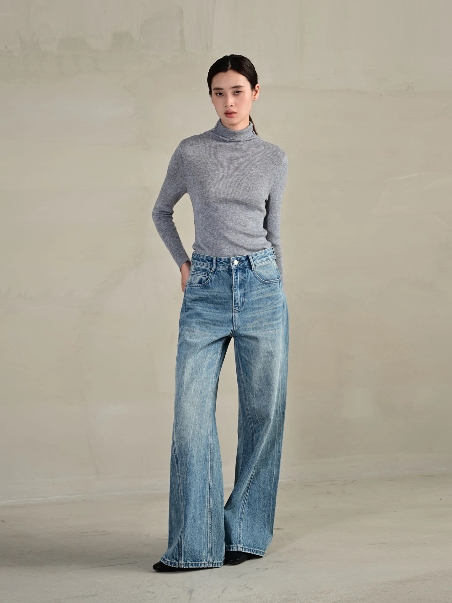 

High Waist Wide Leg Denim Jeans Indigo Split Twisted Stitching Floor Length Pants Women's Casual Cleanfit Water Waed Jeans