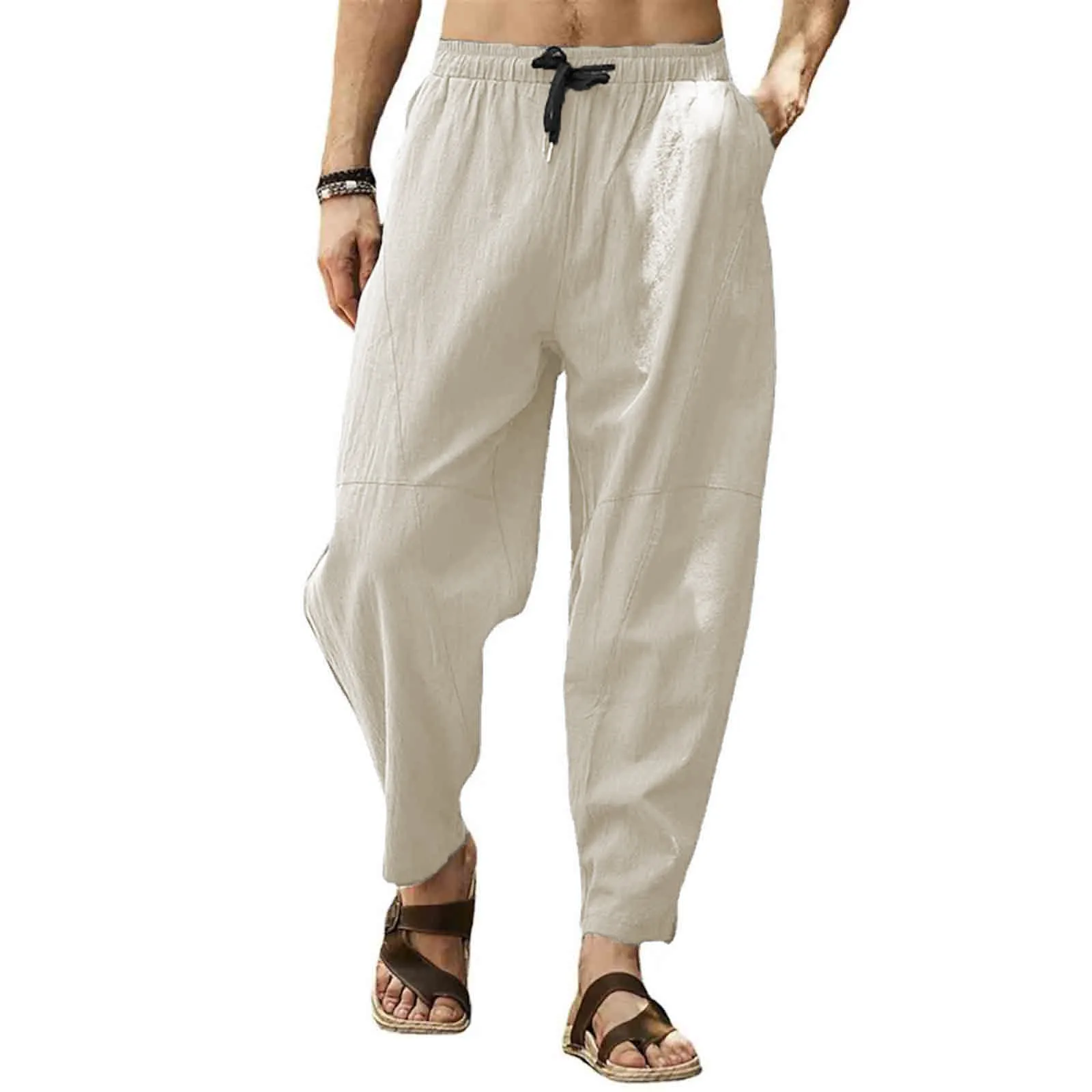 Men Spring And Summer Pant Casual All Solid Color Cotton Loose Trouser Fashion Beach Pant Open for Men