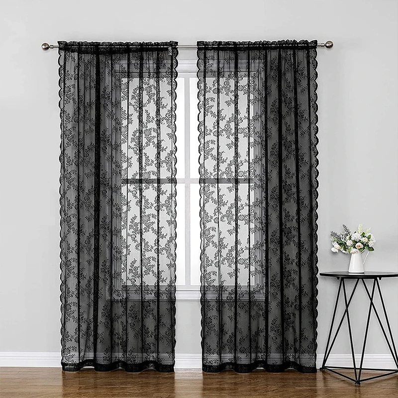 Black Sheer Curtains Old Fashion Goth Curtains for Living Room Victorian Lace Window Curtain for Halloween Rod Pocket Home Decor