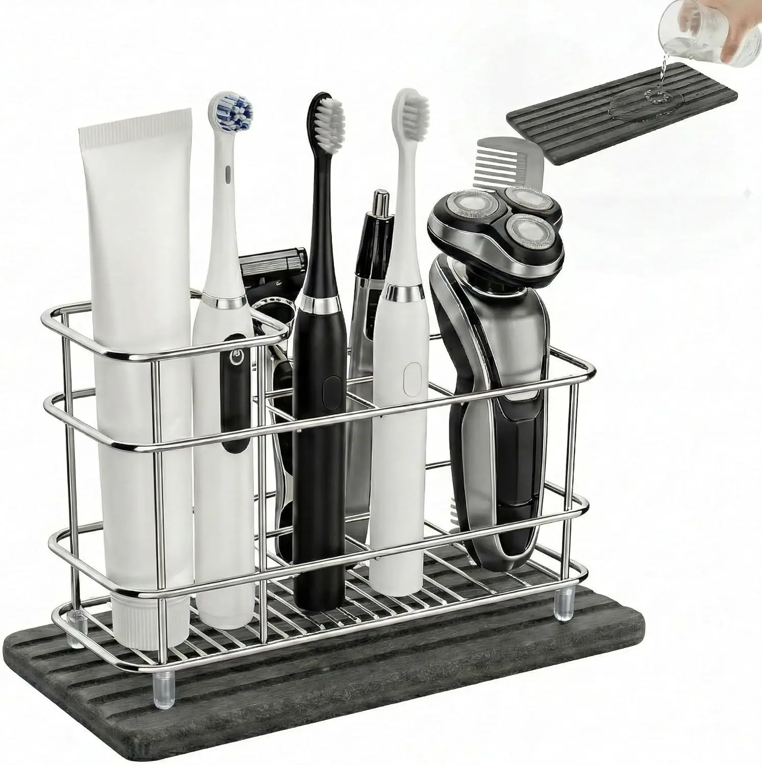

Держатель для зубных щеток на столешницу в ванной, органайзер для электрических зубных щеток из нержавеющей стали с быстросохнущим ковриком из диатомита