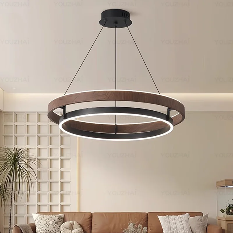 Circular living room light, retro wood grain color, minimalist restaurant specific pendant light, Wabi Sabi wind light