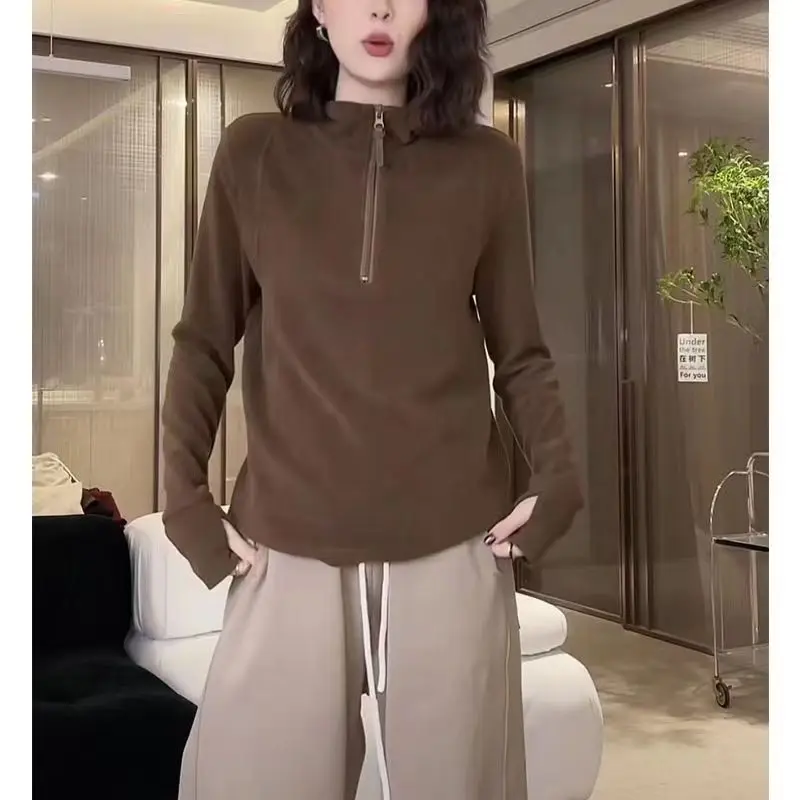 Simplicity Zipper Stand Collar Casual Solid Color Tops Autumn Winter Women's Clothing Fashion All-match Long Sleeve Sweatshirts