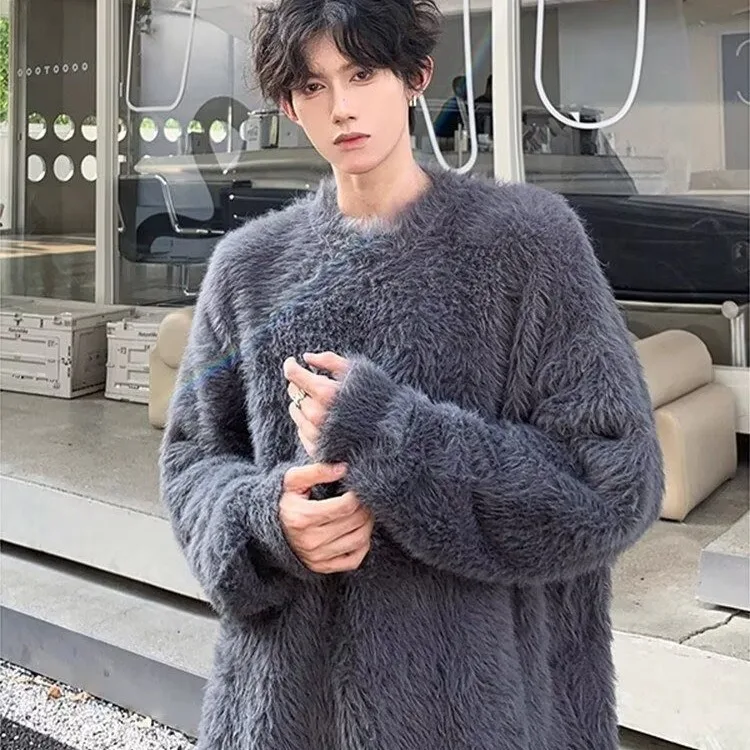 

Autumn Winter Large Size Men's Knitted Wool Sweater Mink Fur Warm Loose Fit Sweatirt Outerwear Casual Sle round Ne
