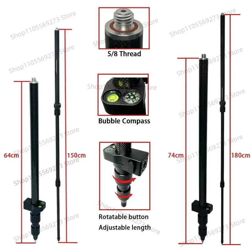 LH07 Telescopic Centering Pole Portable Carbon Fiber Pole 74-180cm 64-150cm RTK GPS Prism Pole Surveying Rod 5/8x11 Thread