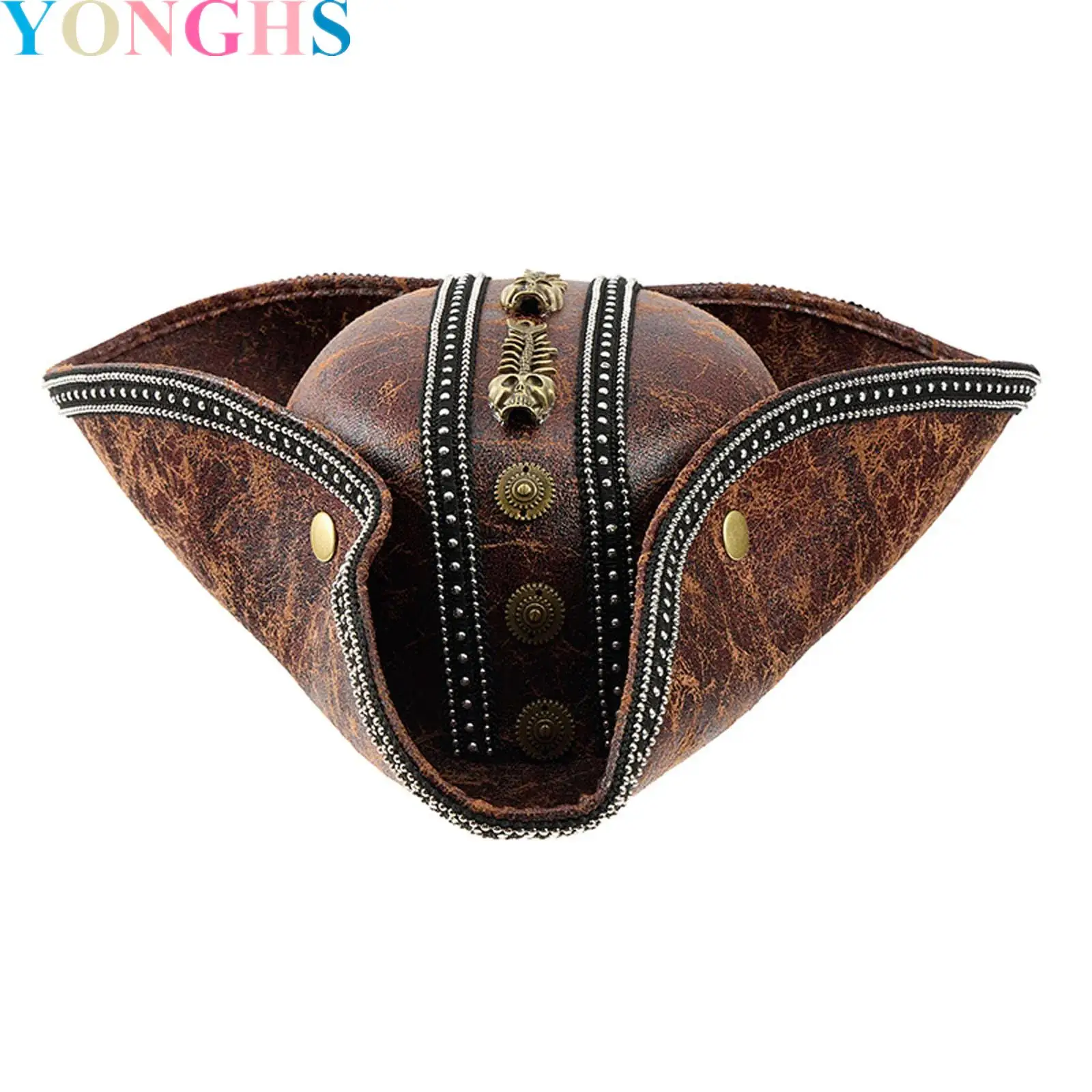 

Halloween PU Leather Triangel Hat for Men Women Pirate Hat Vintage Skull Captain Hat Brown Black Colonials Tricorn Hat Headwear