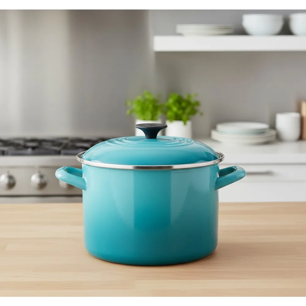 

6-Quart Enameled Steel Stockpot, Caribbean Blue, Quick Heating & Even Heat Distribution for Home Cooks