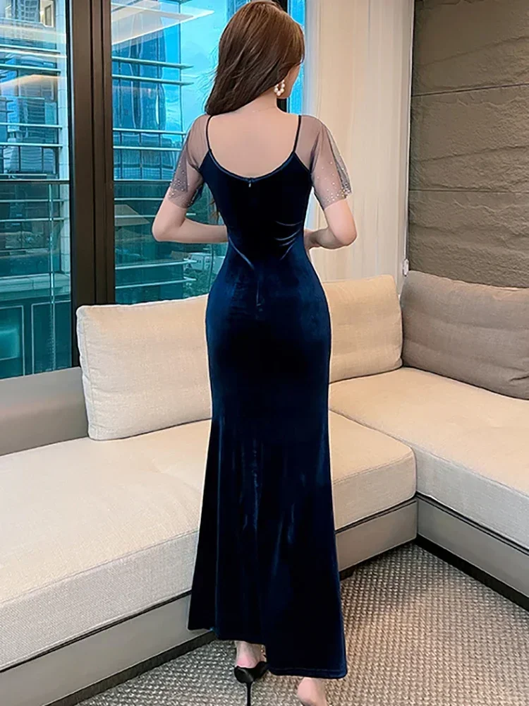 2025 เกาหลีBodyconชุดราตรีฤดูใบไม้ร่วงฤดูหนาวกํามะหยี่สีฟ้าChicเพชรSheerเซ็กซี่คลับชุดผู้หญิงElegant Luxury Long Robe