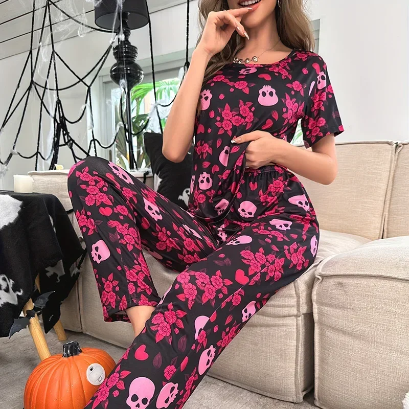 Summer Short Sleeve Pajamas Women\'s Simulation Silk Cool Homewear Halloween Printed Pants Set Pijamas Women Pijamas De Mujer