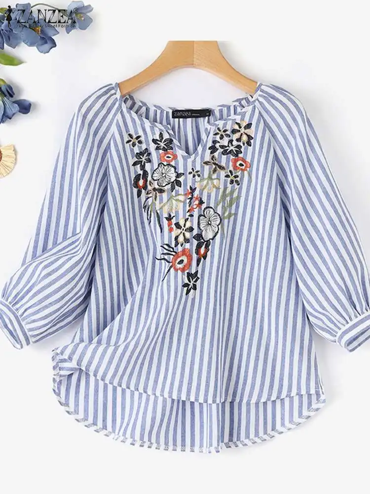 ZANZEA Summer Bohemain Holiday Shirt Women Vintage Floral Pinted Blouse V Neck 3/4 Sleeve Blusas Female Tunic Tops Loose Chemise