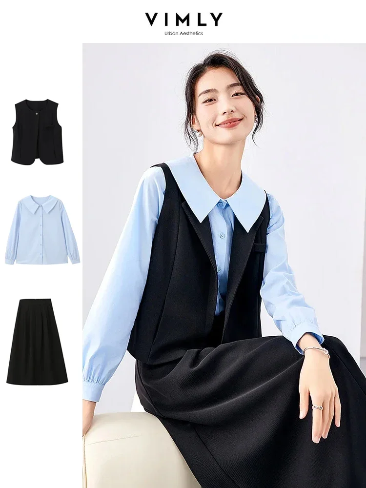 VIMLY Women's Elegant Outfits Three Piece Skirt Sets Autumn/Spring Fashion Workwear Shirts + Waistcoat +Midi Skirt Commuter