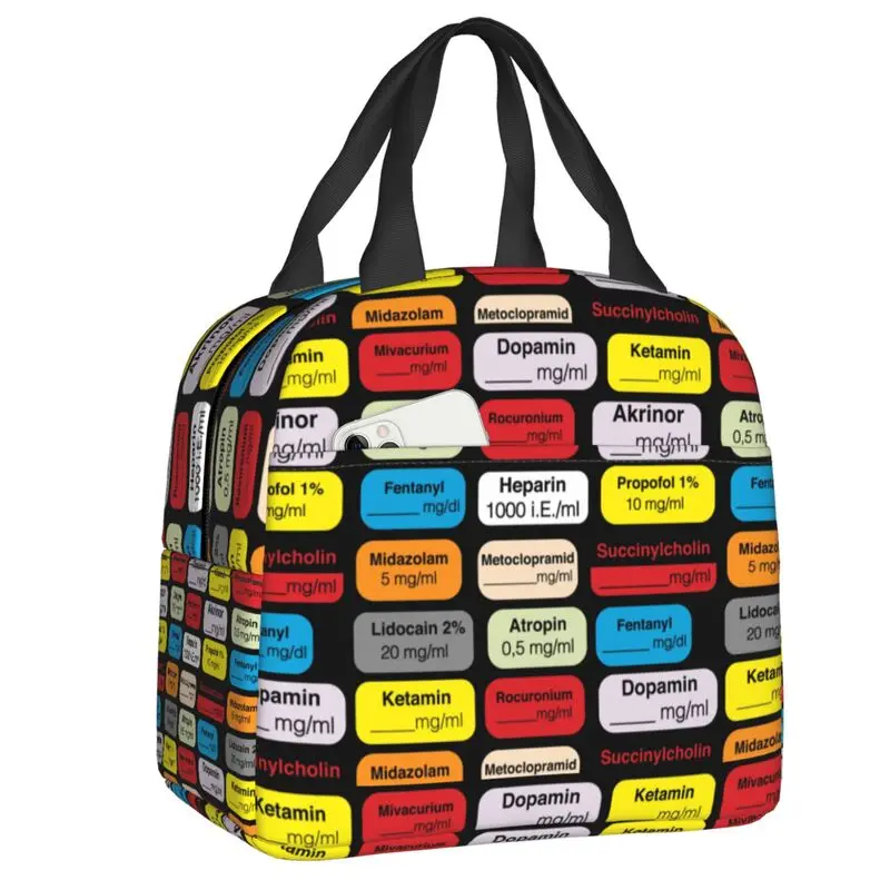Medical Nurse Anesthesia Medication Labels Lunch Bag Portable Thermal Cooler Insulated Lunch Box For Women Kids Food Tote Bags