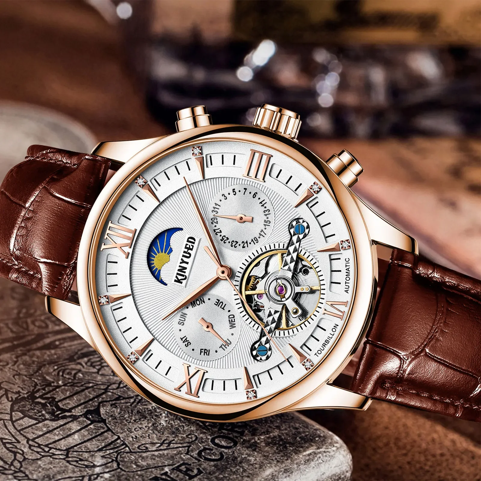 

Kinyued New Man's Luxury Automatic Mechanical Watches Moon Phase Flywheel Skeleton Leather Strap Watch Waterproof Men Wriswatch