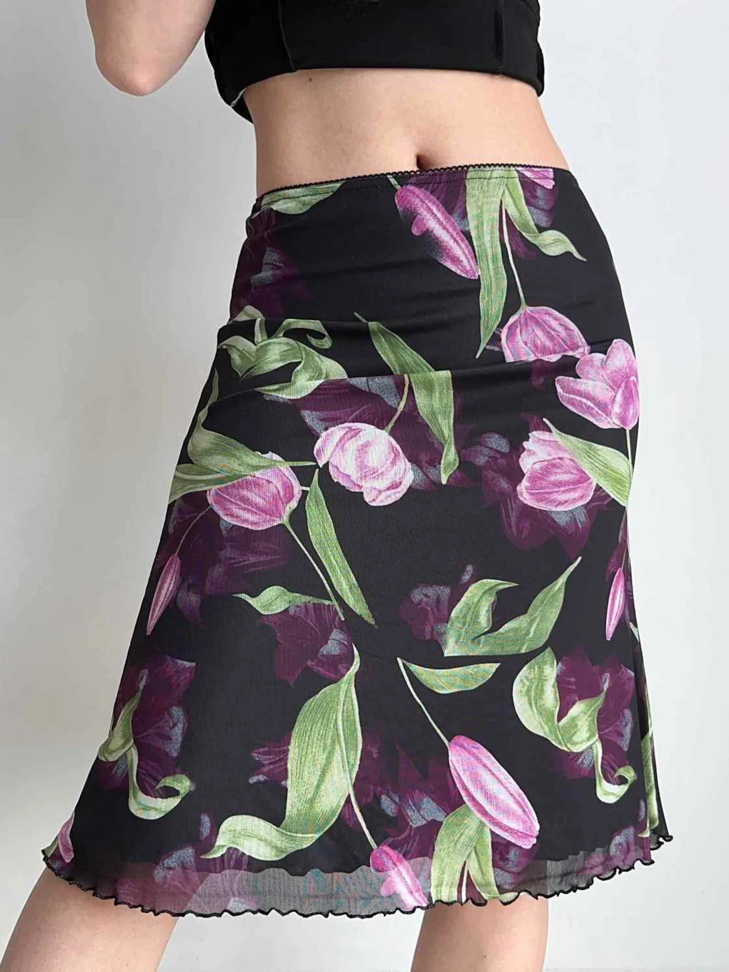 Floral Print Half Skirt with Wood Grain  Netting A-Line Waist Cinching Women's Autumn Fashion High Waist Fish Tail Midi S...
