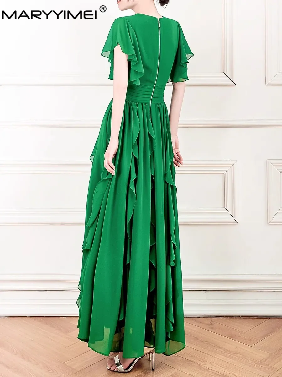 MARYYIMEI créateur de mode été femmes robe col en v manches papillon mince taille haute élégant volants robes vertes