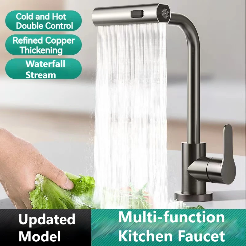 

Waterfall Kitchen Faucets Pull Out Hot Cold Mixer Rainfall Spray Bathroom Basin Sink Faucet 3 Model Rotation Stainless Steel Tap