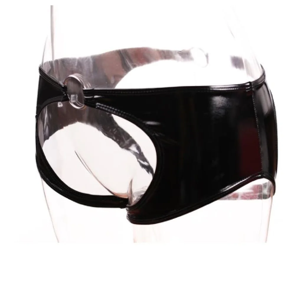 النساء Crotchless الملاكمين PVC فو الجلود سراويل مع حلقة سحب الخصر مشرق الجبهة الخلفية الجوف خارج الملاكمين الصغيرة سيور الملابس الداخلية