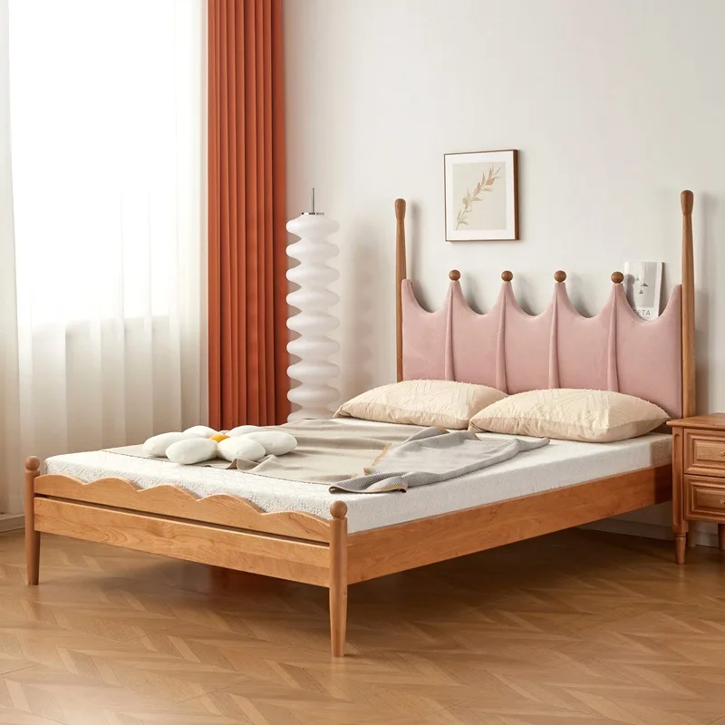 North American cherry wood solid wood bed, black walnut velvet fabric soft bag bed, youth college bed single bed
