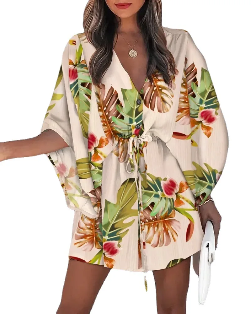 Vestido estilo praia feminino, decote em v, renda, mini vestido casual para férias, saia curta, mais recente, popular, verão, primavera, 2022