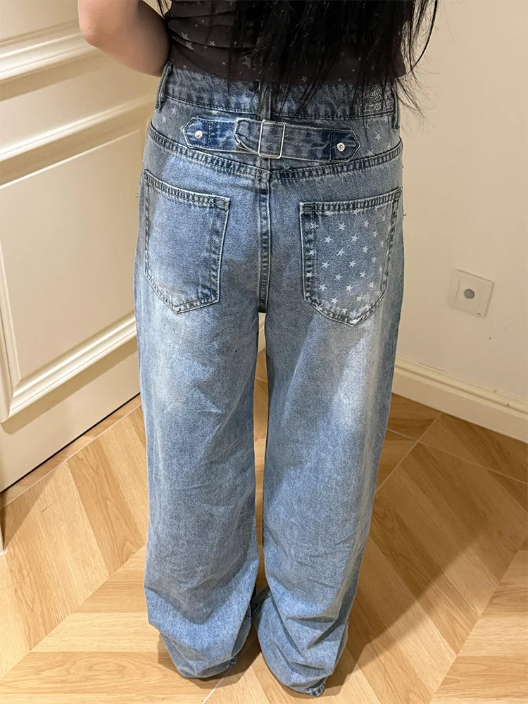 

Retro American Star Washed Denim Jeans Women Loose Straight Leg Long Pants Casual Spring Summer High Waist Wide Leg Jeans