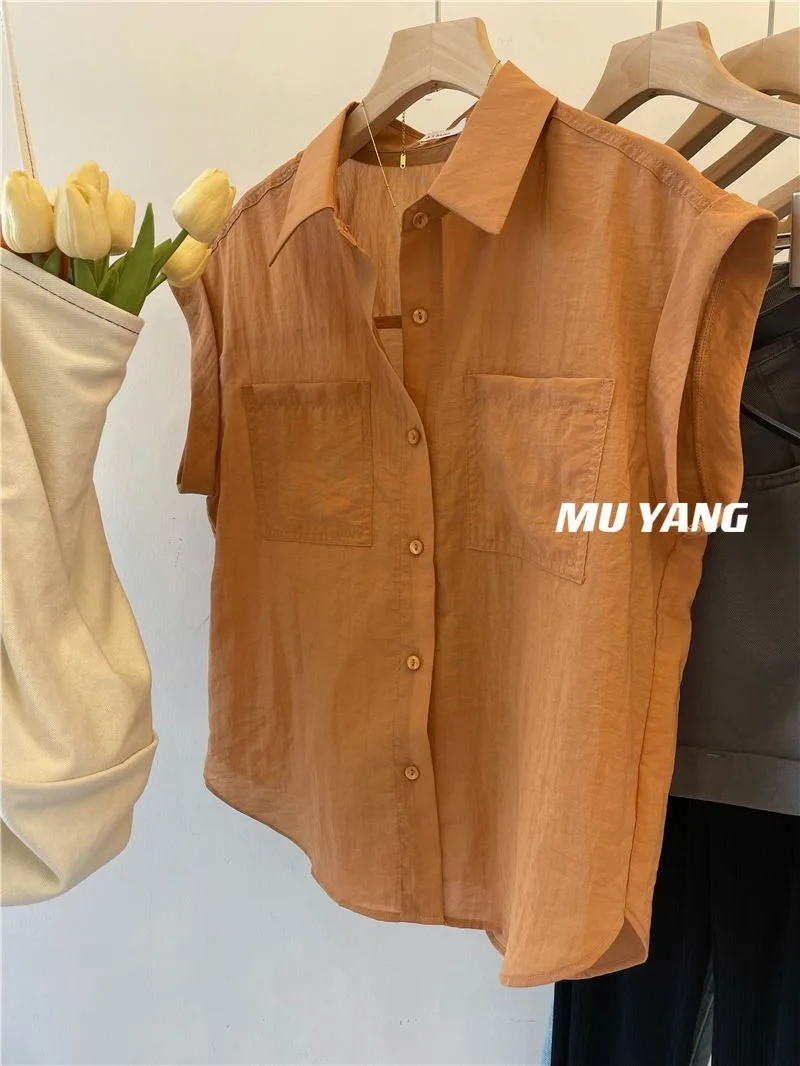 XEJ Chic Woman Blouse for Woman Korean Slightly Transparent Sleeveless Shirt Chiffon Orange Top Summer Women\'s Shirts 2024