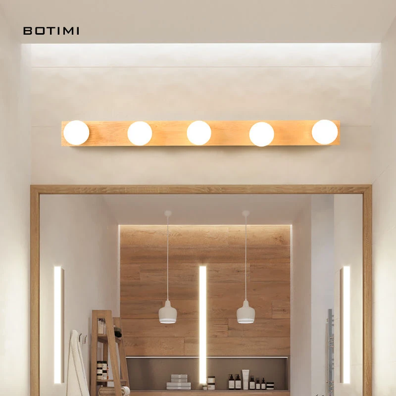 BOTIMI Mirror Wood Wall Lamp For Dressing Room Bedside Nordic Wall Sconce Wooden Base Glass Lampshade Wall Aisle Lights
