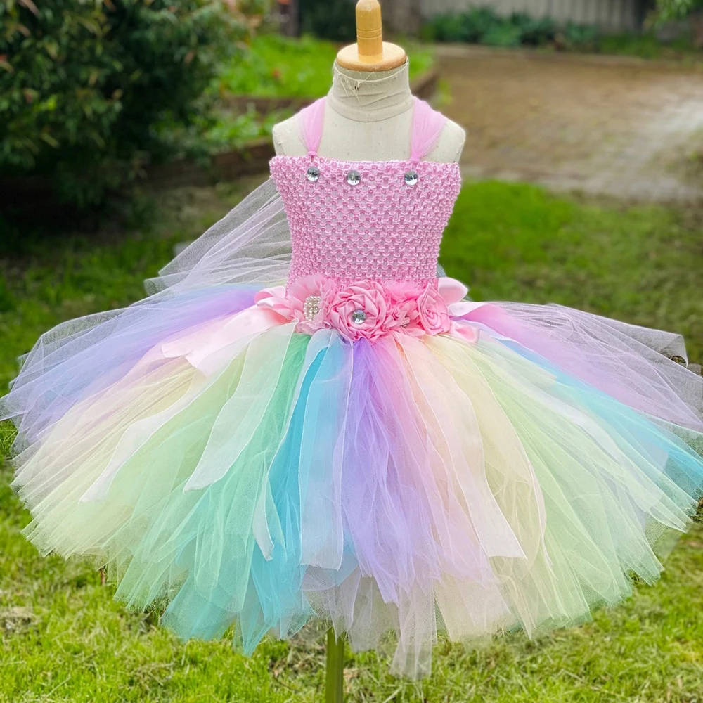 Pastel Fairy Princess Dresses for Girls Birthday Party Costumes Kids Halloween Tutu Outfit with Butterfly Wings Fancy Dress Set