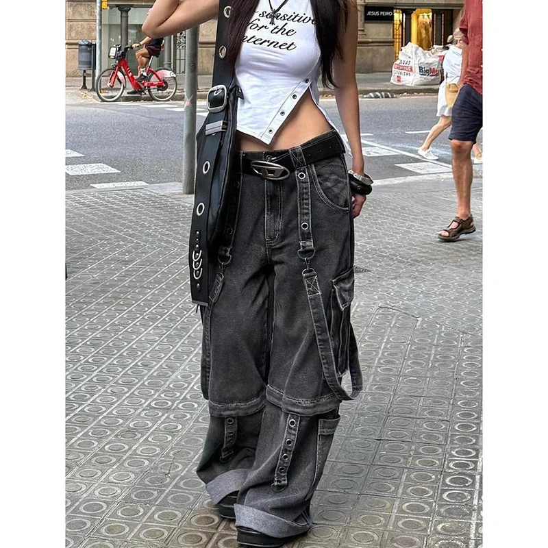 

Y2K American Retro 90s Punk Style Streetwear Washed Black Baggy Cargo Jeans Pants Women Designer Clothes Wide Leg Lady Trousers