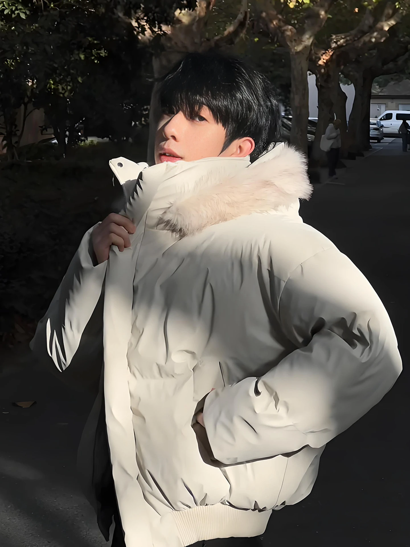 

Warm ort American Sle down Cotton Jaet Men's Removable Hat Stand Collar PU Leather Bread Sle Coat Youth Vitali Sle