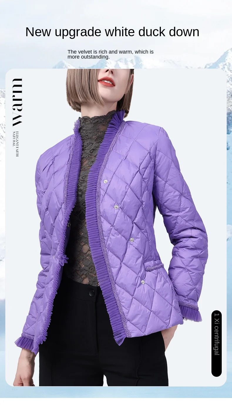 Luxury Beaded Ruffle V-Neck Down Jacket Women Winter Warm White Duck Down Padded Puffer Coat Elegant Slim Short Purple Jackets