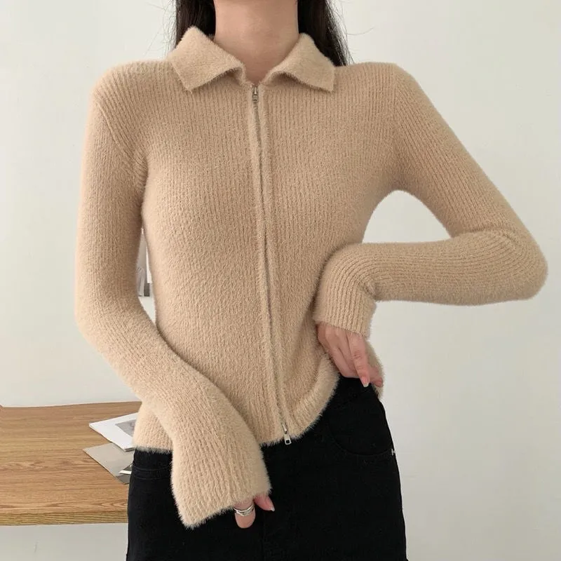 2023 Mink Fleece Kintted Cardigan Jackets Y2k Long Sleeve Harajuku Basic Zip Outwear Autumn Stretch Slim Women Casual Coat Tops