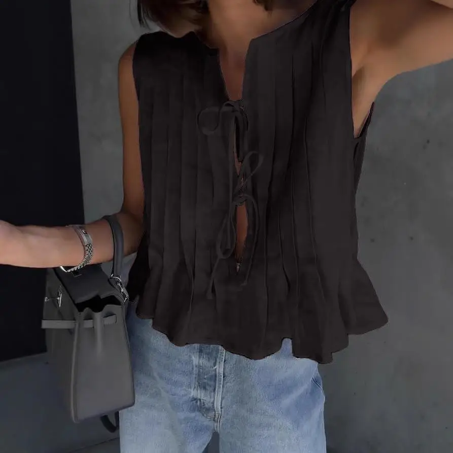 Mujer Algodón Lino Irt Cintura atada Primavera Verano Casual Cómodo Transpirable No Sve Color liso Diseño plisado