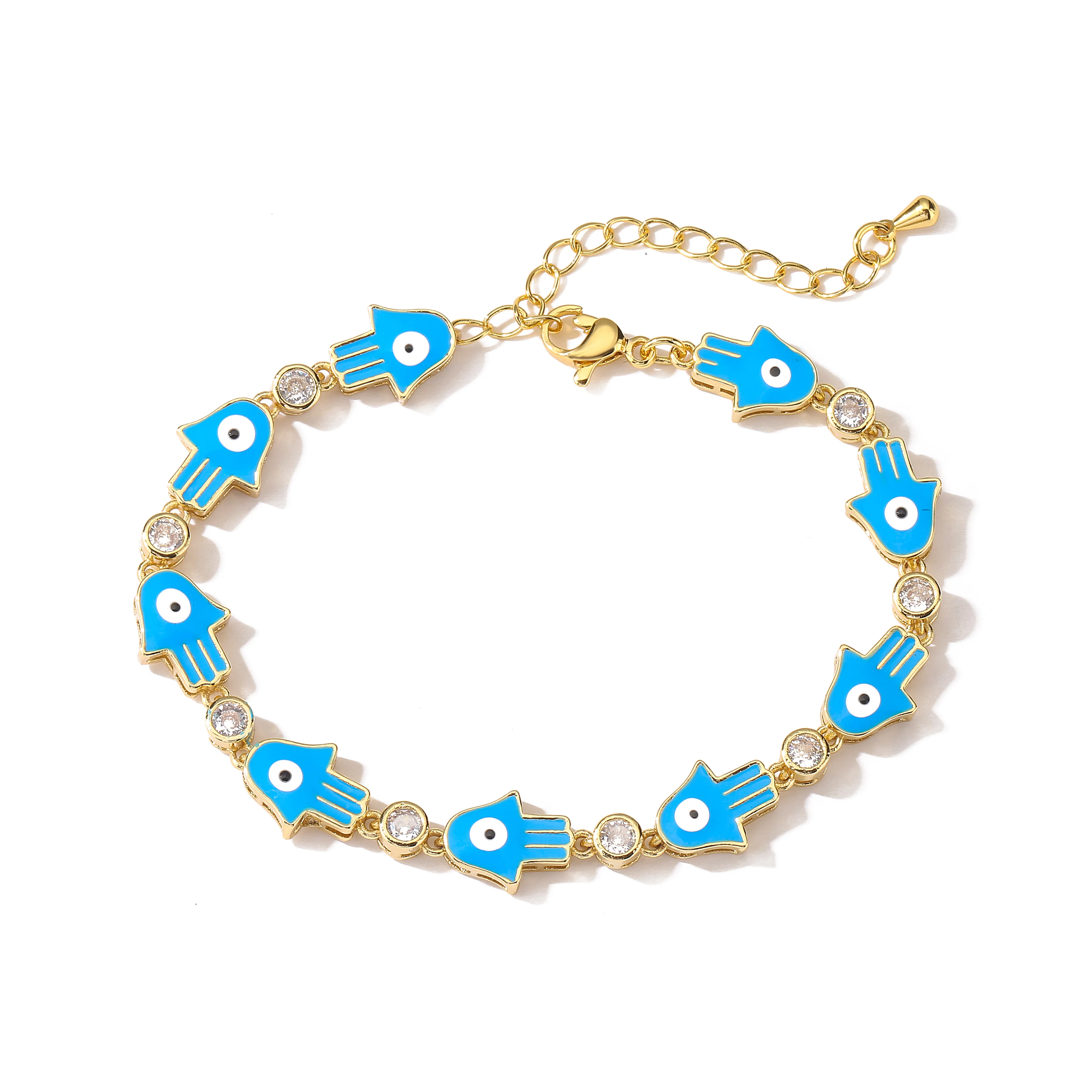 HECHENG,Palm Evil Blue Eye Charm Bracelet, High Quality Zircon Enamel Brass Chain Bracelets for Women  Prayer Jewelry