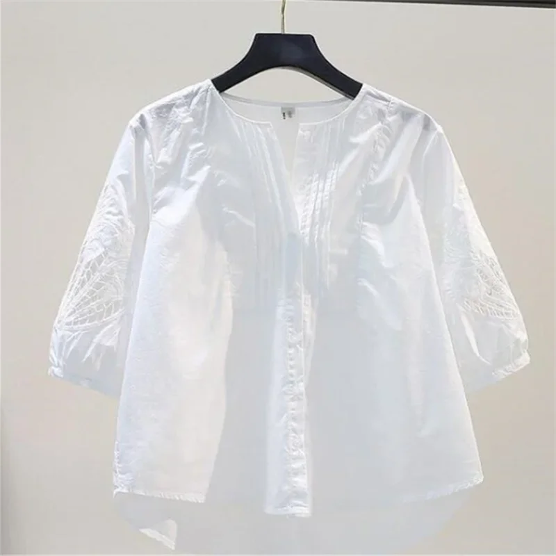 White Embroidered Shirt Women Blouses Cotton Shirts Hollow Summer Top Loose O-neck Cardigan Button Woman Blous Half Sleeve Shirt