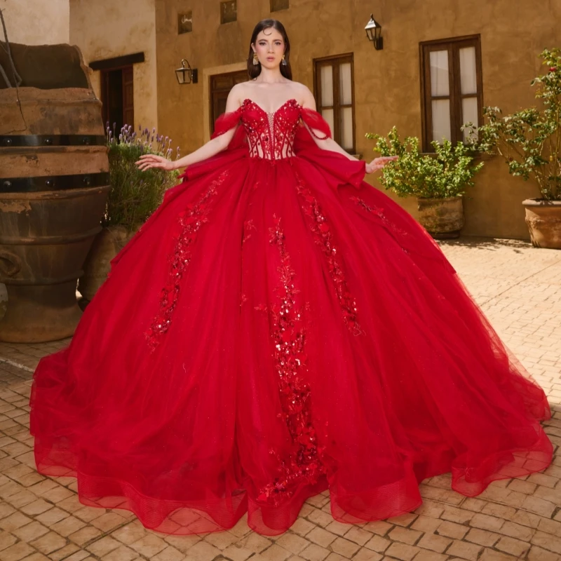 

Red Shiny Quinceanera Dresses Off The Shoulder Applique Lace Beads Bow Tull Corset Party Birthday Sweet 16 Dress Vestidos 15