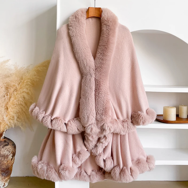 Neuer Winter-Umhang aus verdickter Nerzwolle mit vollen Borten, Kunstpelz-Umhang – Damen-Umhang mit Kapuze, lockerer Fleece-Umhang, Mantel, Partykleid, warm – Detail 14
