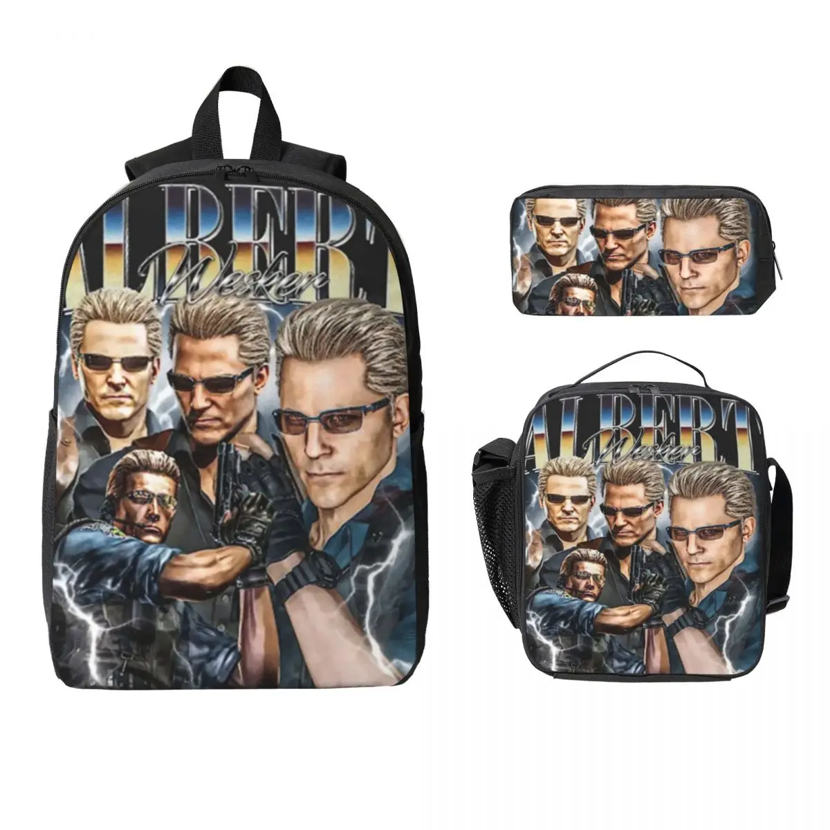 Рюкзак Albert Wesker Bootleg, студенческая сумка для книг для мальчиков и девочек, школьная сумка, компьютерные сумки на плечо, изолированная сумка для обеда 3 шт., пенал Рюкзак Albert Wesker Bootleg, студенческая сумка для книг для мальчиков и девочек, школьная сумка, компьютерные сумки на плечо, изолированная сумка для обеда 3 шт., пенал
