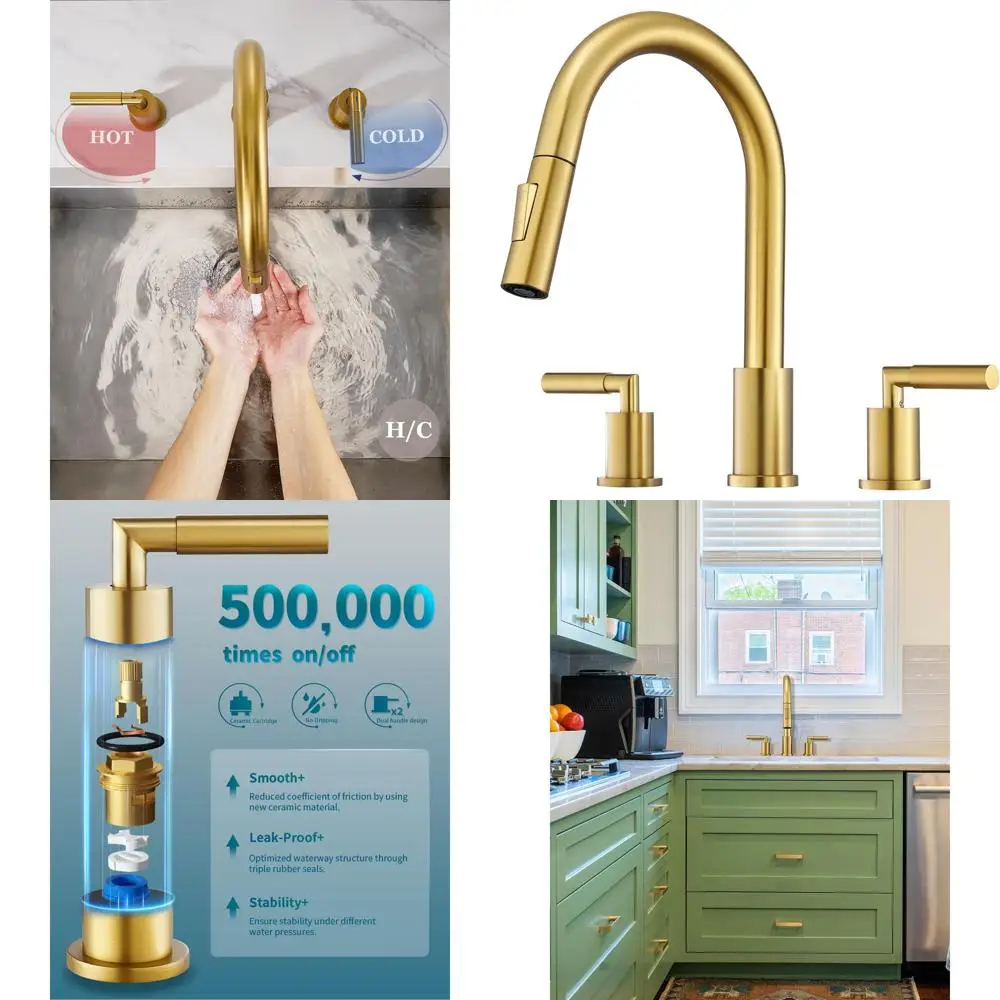 

Brushed Gold Pull-Down Spray Kitchen Faucet with 2 Handles for 3-Hole Sinks