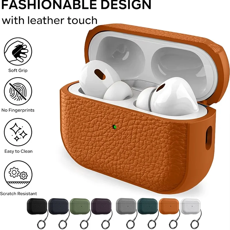 Luxus-Lychee-Leder-Business-Kopfhörerhülle mit Haken, Schutzhülle für Apple AirPods 4 3 2 1, kompatibel mit AirPods Pro 1 2