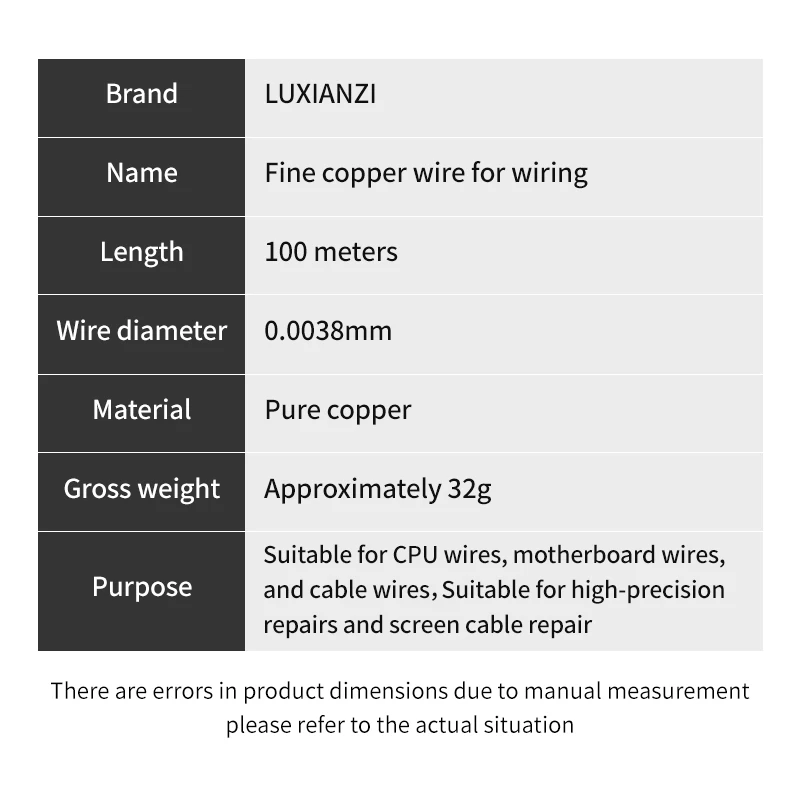 LUXIANZI 0.0038mm Pure Copper Fly Wire 100M for Phone CPU Motherboard PCB Precision Rework Repair Unpainted Copper Jumper Wire