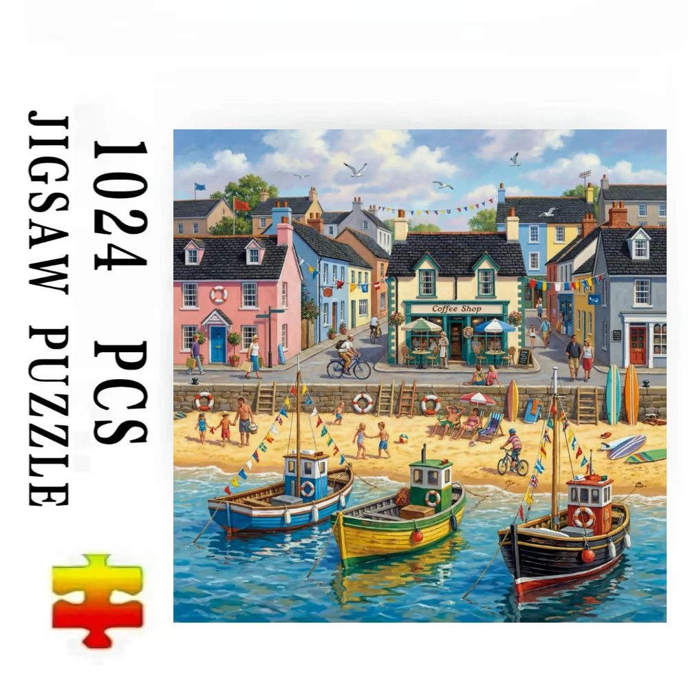 Coastal Village Fishing Boats Jigsaw Puzzles 500PCS/1024 PCS Wall Decor for Living Room Bedroom Stress Relief Gift Unframed